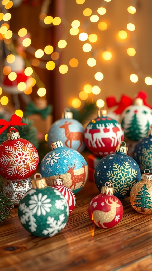 A variety of hand-painted Christmas ornaments with festive designs on a wooden table, illuminated by soft fairy lights.